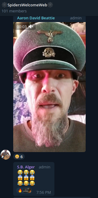 Telegram: S.B. Alger and his neo-Nazi associate, sending a threat to Tracy R. Twyman's widower on Telegram channel: