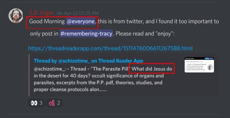 Discord S.B. Alger:  Good Morning @everyone, this is from twitter, and I found it too important to only post in #remembering-tracy. Please read and "enjoy": "@schizotime_: ~ Thread - "The Parasite Pill" What did Jesus do in the desert for 40 days? occult significance of organs and parasites, excerpts from the P.P. pdf, theories, studies, and proper cleanse protocols alon....."
