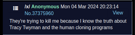 4chan: Anonymous 04 March 2024:  They're trying to kill me because I know the truth about Tracy Twyman and the human cloning programs