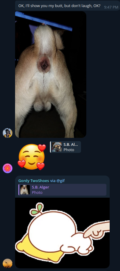 Telegram: S.B. Alger "OK, I'll show you my butt, but don't laugh, OK?"