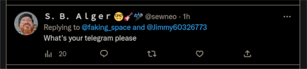 Twitter S. B. Alger @sewneo 'fishing':   "What's your telegram please"