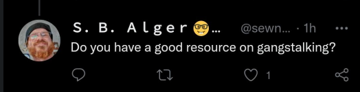 Twitter: S. B. Alger @sewneo 16 Aug 2022: Replying to @doubleDutchquak Do you have a good resource on gangstalking? 1 13 351 ♥1