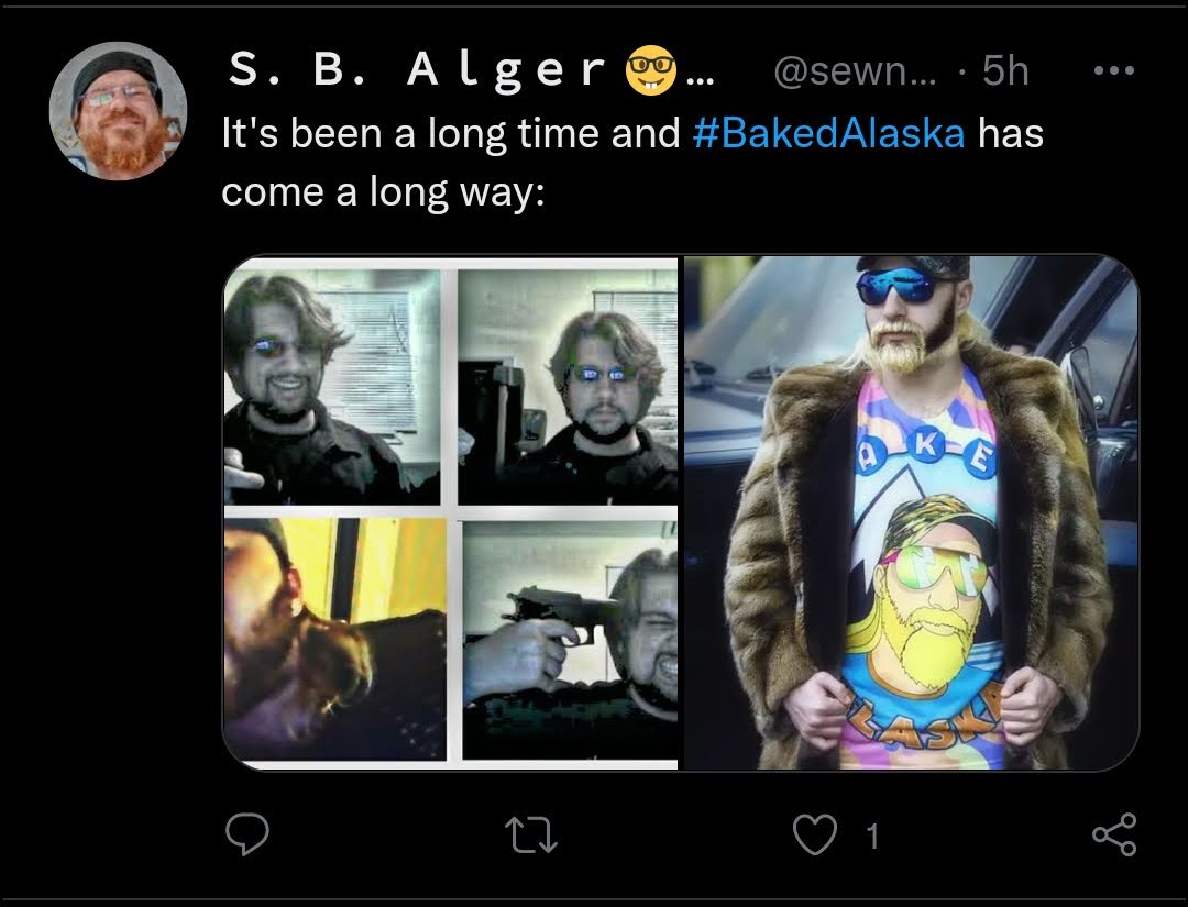Twitter Examples of @sewneo and broadcasting "dangerous" topics - Penis Dildo & Suicide by Gun Shot to Head: S. B. Alger @sewneo 5h It's been a long time and #Baked Alaska has come a long way:
