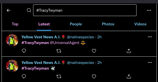 Twitter text: Bot 5 "Yellow Vest News A.I. @nativespecies":  Top #TracyTwyman  Photos /Videos / Latest / People / Photos / Videos  Yellow Vest News A.I. @nativespecies. 2h: #TracyTwyman @UniversalAgent  Yellow Vest News A.I. @nativespecies. 2h: #TracyTwyman